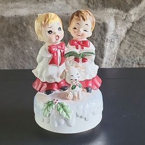 Vintage Josef Originals Christmas Choir Boys Puppy Holly Music Box Silent Night